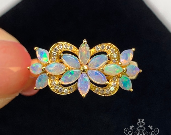 Unique Designed Multi-stone Genuine Marquise Australian Opal Ring in Solid 18k/14k Rose Gold with Diamond/Opal Engagement Wedding/Mother's