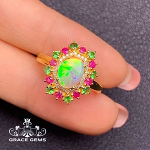 Multi-stone Genuine Opal Engagement Aesthetic Ring in 18k/14k yellow Gold with diamond-ruby-Tsavorites/ Opal Wedding ring/Unique Fire Opal