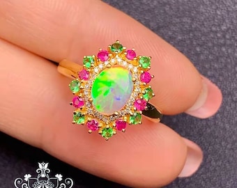 Opal Engagement Ring: Diamond, Ruby Tsavorite in 18k rose gold/Birthstone opal jewelry/opal custom ring/Handmade opal fine ring/Anniversary