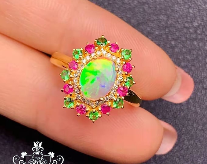 18k gold Multi-stone Genuine Opal  ring/Engagement Aesthetic opal ring with diamond-ruby-Tsavorites/Unique Vintage antique handmade jewelry