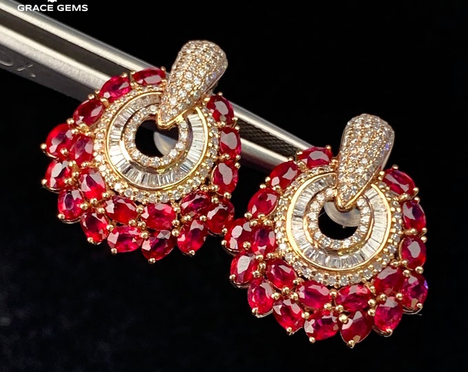 Luxurious 18k rose gold natural ruby dangler/Multi stone ruby studs with diamonds/Victorian Gothic Ruby earrings/handmade jewelry/bridal set