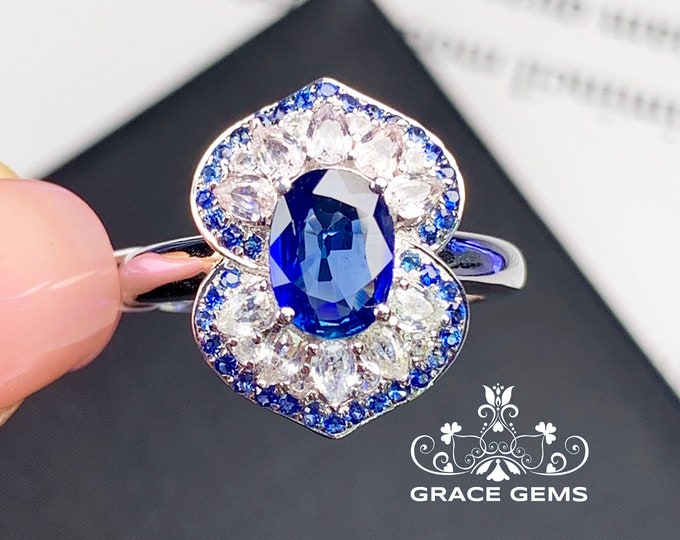 18k14k white solid gold natural sapphire engagement ring with natural diamonds/Blue gemstone/Vintage Antique/Art Deco/Boho Celtic Unique