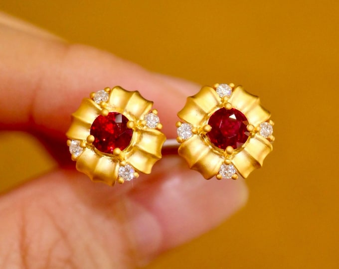 Unique high end natural ruby studs in 18k yellow gold with diamonds/Bohemian ruby studs/Handmade art deco ruby earrings/Custom ruby gift