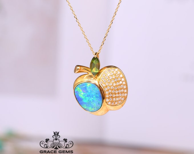 18K Rose Gold Apple shape Genuine Australian Black Opal Pendant/Raw Stone Choker/Boulder Fire Opal Necklace/Dragon Breath Anniversary gift