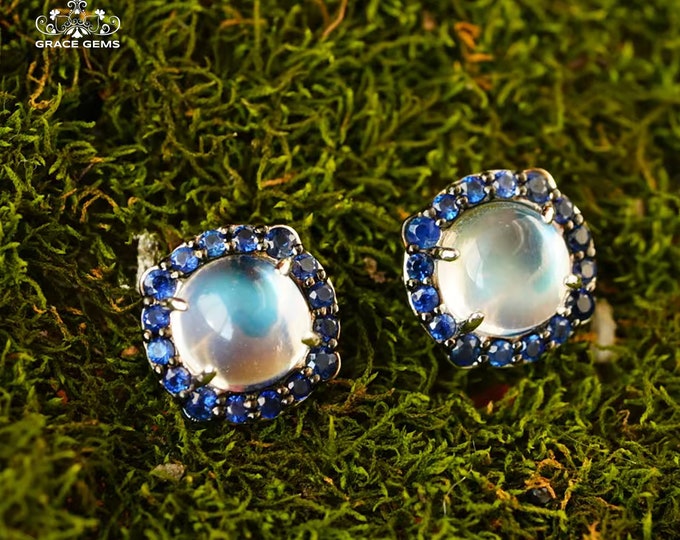 18k white gold natural moonstone earrings with sapphires/Certified natural moonstone studs/Handmade  dangler/Unique vintage gift for her