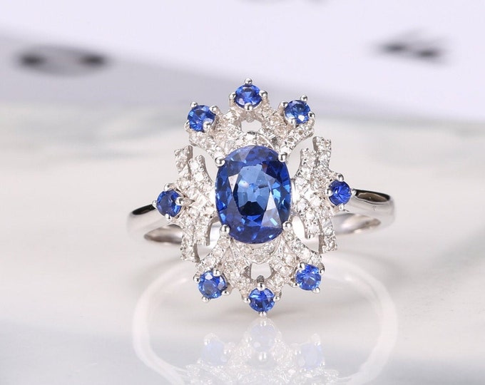 Solitaire 18k/14k white gold natural oval sapphire engagement ring with diamonds/Royal Blue Sapphire/Vintage Antique/Art Deco/Celtic Unique