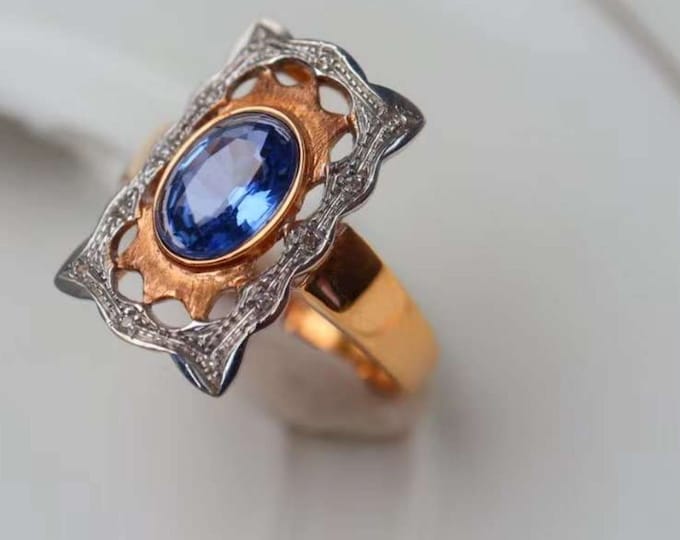 18k rose gold vintage genuine sapphire ring/diamond halo sapphire ring/handmade natural sapphire ring/unique sapphire engagement ring women