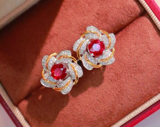 Unique Flower Natural Mozambique ruby earring studs/18k rose gold with diamond earrings/natural real ruby earrings/Vintage floral ruby studs