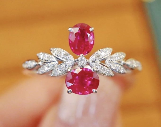 18k white gold double ruby ring/Double Stone engagement ring/Trendy ruby ring/Handmade proposal ruby ring/Custom birthstone ring for her