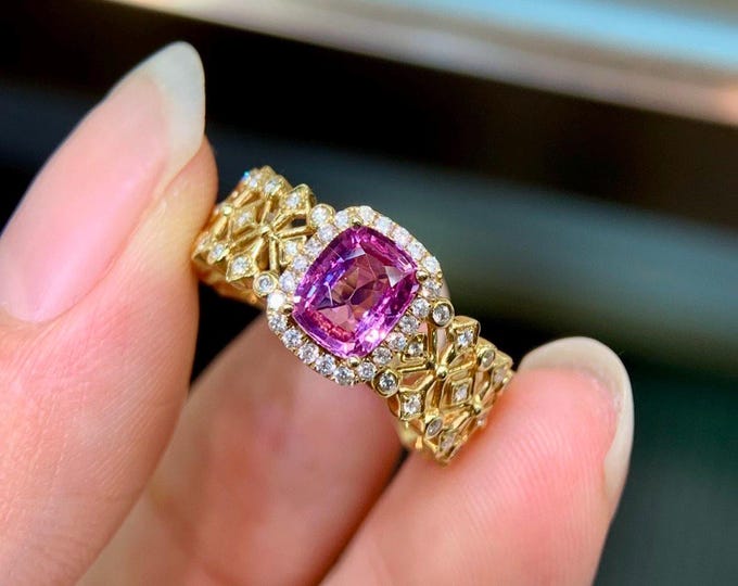 Natural Padparadscha pink sapphire diamond halo engagement ring 18k gold/Pink gemstone/Vintage Style Art Deco pink sapphire ring for women