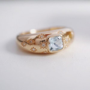 18k rose gold natural aquamarine ring/Diamond aquamarine engagement ring/Star Aquamarine solitaire ring/Dainty Modern aquamarine ring women