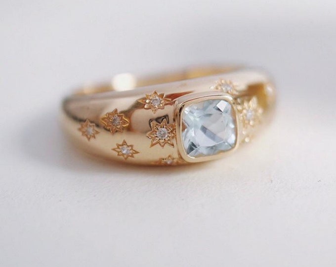 18k rose gold natural aquamarine ring/Diamond aquamarine engagement ring/Star Aquamarine solitaire ring/Dainty Modern aquamarine ring women