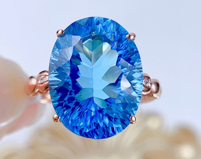 18k solid rose gold Natural Swiss blue Topaz engagement wedding ring with diamond accent band/one of a kind gift/Art Deco huge stone ring