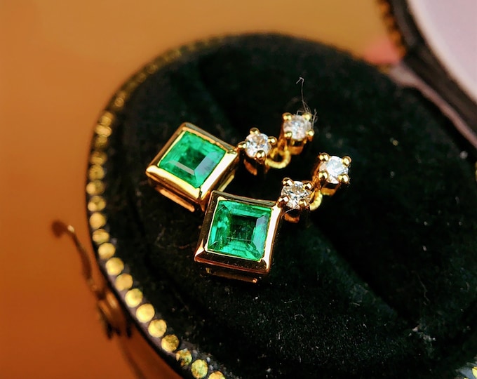 18k gold Zambia natural emerald studs/Multi-stone emerald earrings with diamonds/Victoria Viking jewelry/Unique Birthstone Anniversary gift