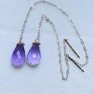 18K white gold amethyst thread dangle/Minimalist amethyst earrings /Art Deco amethyst studs/Unique amethyst earrings/Handmade amethyst studs