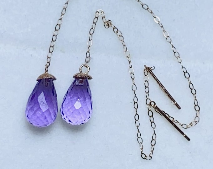 18K white gold amethyst thread dangle/Minimalist amethyst earrings /Art Deco amethyst studs/Unique amethyst earrings/Handmade amethyst studs