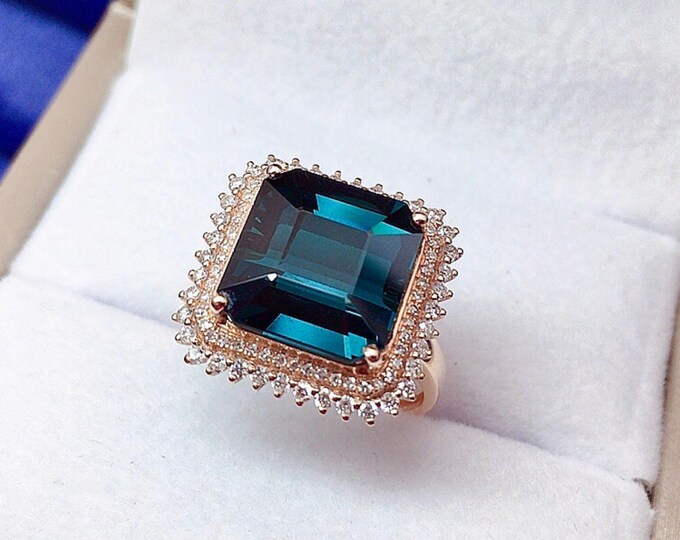 18k rose gold emerald cut blue tourmaline diamond engagement wedding ring/Handmade Jewelry/Tourmaline Birthstone/Birthday Anniversary gift