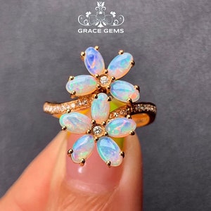 Natural Australian Opal Ring solid 8k/14k Gold with Diamonds/Cluster Opal/Boulder Opal Engagement wedding ring/Thanks giving gift/Fire Opal