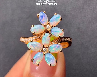 Australian Opal Diamond Ring: 18k Gold Flower Cluster Engagement Ring/unique handmade fine opal jewelry/double flower opal ring for women