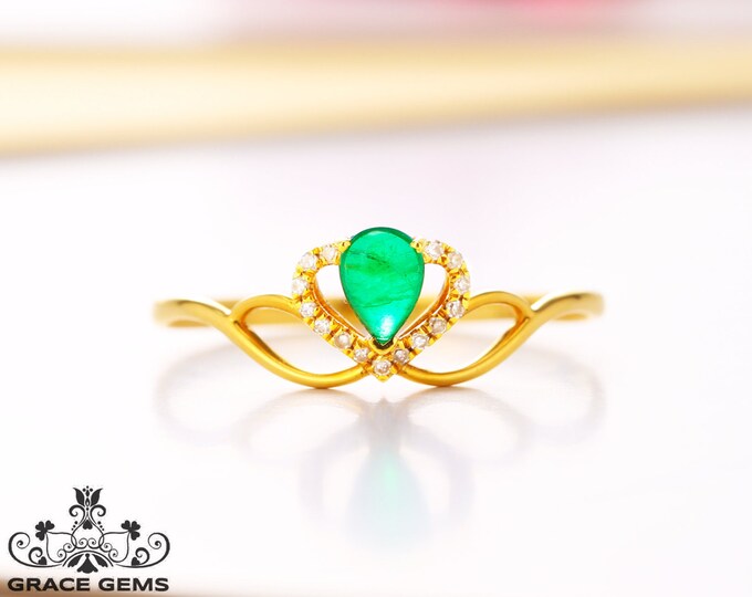Minimalist Pear emerald engagement wedding ring in 18k gold with diamonds/emerald gemstone made/Vintage Unique/Art Deco/Promise eternity