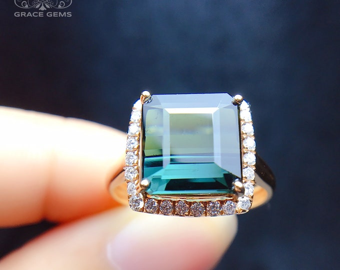 14k/18k gold 5.2CT Rare Light emerald cut Natural tourmaline engagement wedding ring diamonds/Gemstone made promise ring for her/Halo Boho