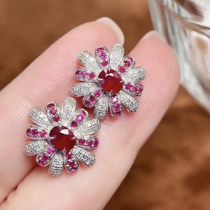 18k white gold natural Mozambique ruby earrings with diamonds/Pigeon blood red real ruby studs/Handmade ruby earrings/Unique vintage gift