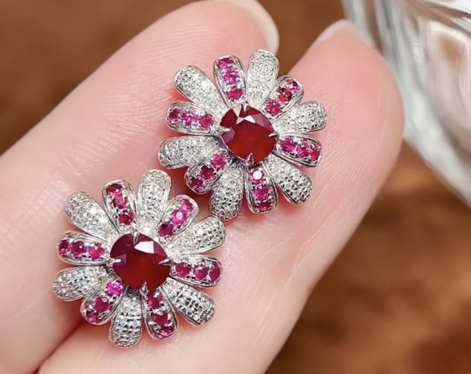 18k white gold natural Mozambique ruby earrings with diamonds/Pigeon blood red real ruby studs/Handmade ruby earrings/Unique vintage gift