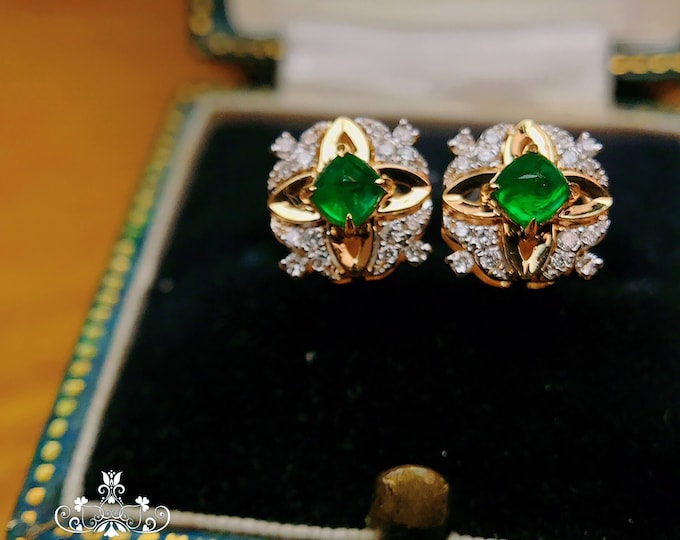 18k natural emerald studs/Multi-stone emerald studs with diamonds/Victorian Gothic earrings/handmade jewelry/Unique Birthday Anniversary