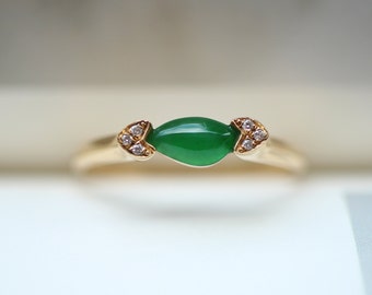 18k Solid Gold Natural Real Myanmar Green Jadeite Jade ring with diamonds/Untreated Gold Jade Ring/Over Time Engagement Ring/Art Deco Ring