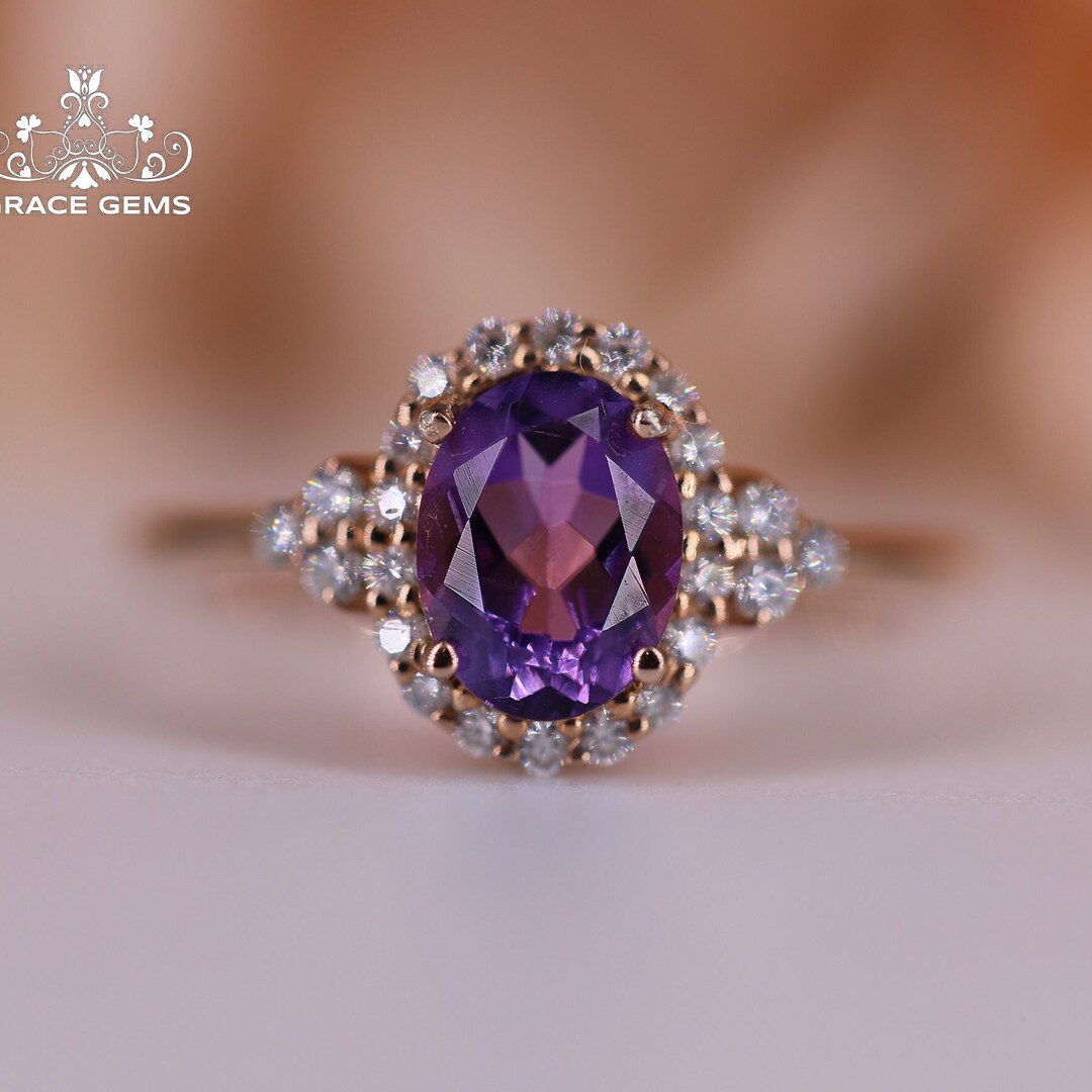 18k Solid Gold Amethyst Ring With Diamonds: Art Deco Amethyst ...