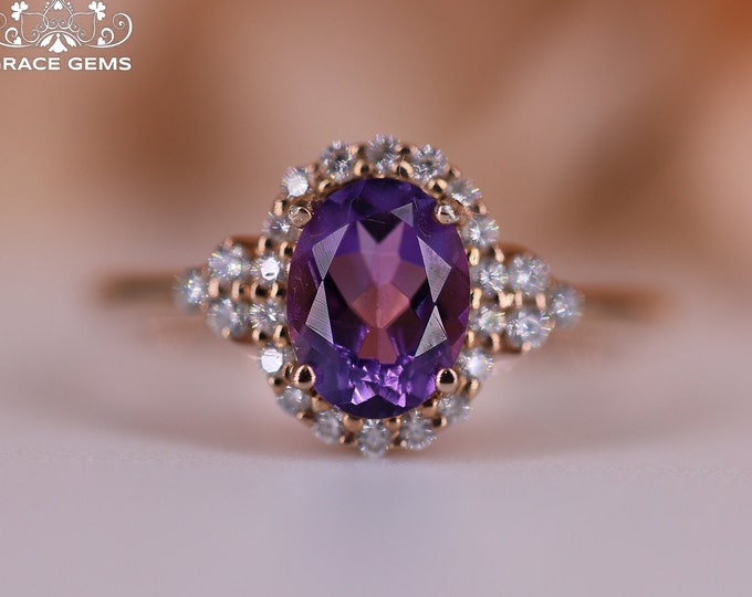18k solid gold 6X8mm oval natural amethyst ring/engagement wedding ring with diamonds/one of a kind gift for her/Art Deco/Unique handmade