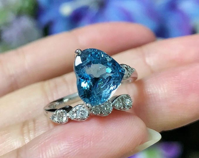 Unique Natural heart Santa Maria ring in 18k white gold/Diamond Art Deco aquamarine ring for her/Women aquamarine birthstone engagement ring