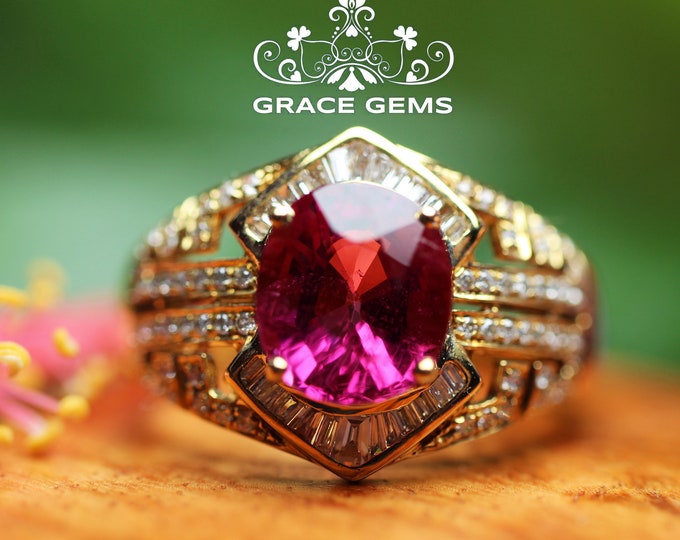 Unique design 14/18k gold pink tourmaline diamond engagement wedding ring/Verdelite gemstone made/one of a kind/Art Deco/Oct. birthstone