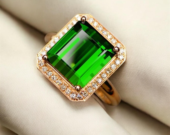 18k Rose Gold Green Tourmaline Ring: Diamond Halo Engagement Ring