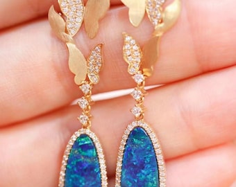 18k Gold Australian Opal Butterfly Dangle Earrings with Diamonds/Art Deco real blue opal jewelry/handmade fine opal earrings mother's day