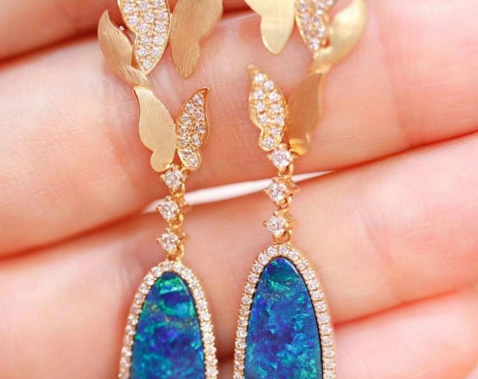 Unique 18k Gold Real Australian Opal Earrings with diamonds/Back Sealed Natural opal earrings/Rainbow opal earrings/Unique butterfly dangle
