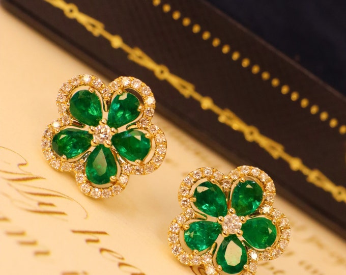 18k Gold natural emerald studs/Multi-stone emerald studs with diamonds/Victorian Flower earrings/Unique Birthday or Anniversary gift for her