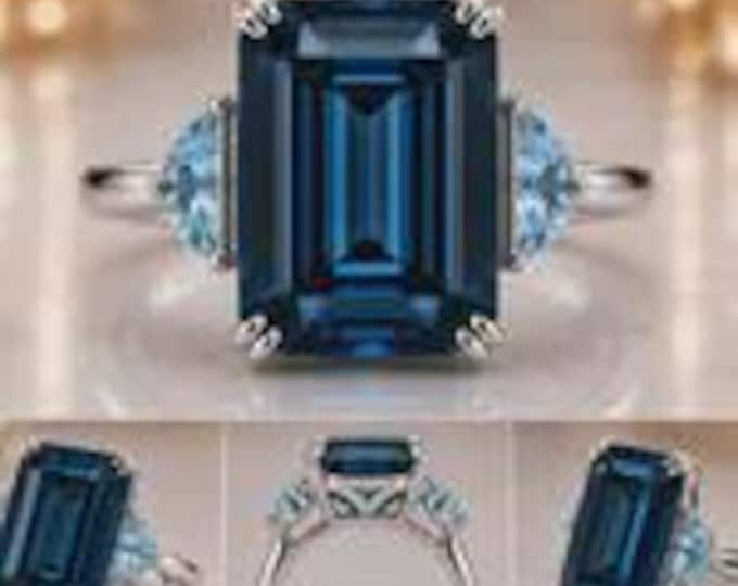 15ct Blue Topaz Cocktail Ring, 14K White Gold Emerald Cut London Blue Topaz with Swiss Blue Topaz Triangle Accents, Unique Fine Jewelry-1100