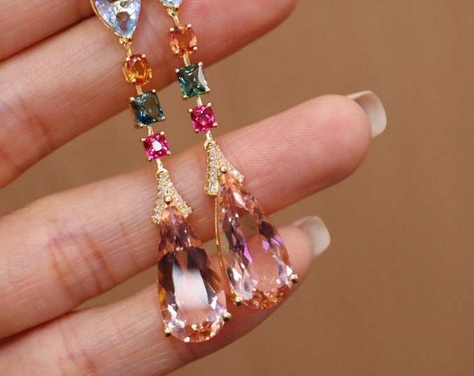 High end luxurious multi stone morganite aquamarine sapphire and ruby earrings in 18k gold and diamonds/One of a kind unique earrings gift