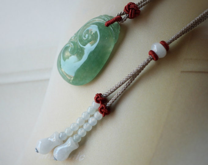 Luxurious Certified Natural Myanmar Vivid Green Jadeite Jade necklace with designer Hand knitting Rope/One of a kind Anniversary/Untreated
