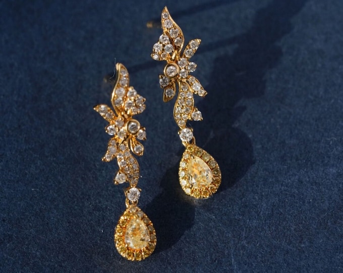 18k gold natural yellow diamond wedding earrings/yellow diamond studs/one of a kind gift for her/Art Deco anniversary gift/Elegant diamond