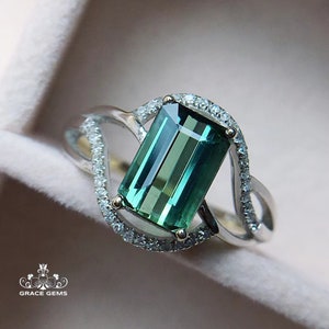18k white gold tourmaline ring with diamond/Wedding engagement Handmade promise ring/Unique Halo band designer jewelry/Boho Celtic jewelry