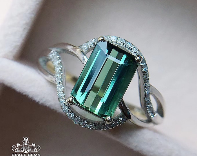 18k white gold tourmaline ring with diamond/Wedding engagement Handmade promise ring/Unique Halo band designer jewelry/Boho Celtic jewelry