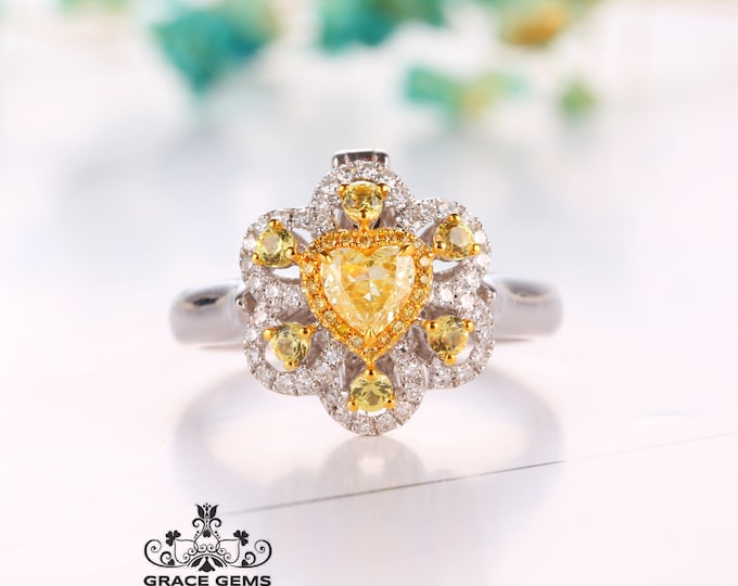 18k solid gold natural yellow diamond ring/One of a kind engagement wedding ring/full eternity/Promise Bridal Ring/Art Deco/Unique Luxury