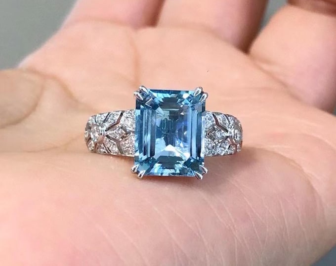 Emerald cut natural Santa Maria ring in 18k white gold/Diamond halo real aquamarine ring for her/Women aquamarine birthstone engagement ring