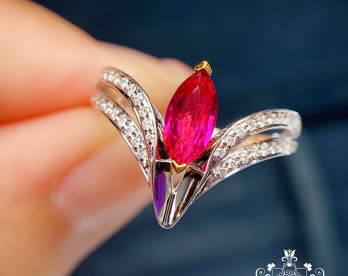 Marquise 18K Rose Gold ruby ring/Natural Engagement Ring with Diamonds/halo ruby wedding ring/Handmade jewelry  women Bridal set/ birthday