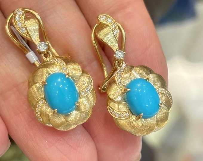 Real natural Turquoise dangle earrings in 18k solid gold/Cabochon natural turquoise earrings women/unique handmade fine earrings for wedding