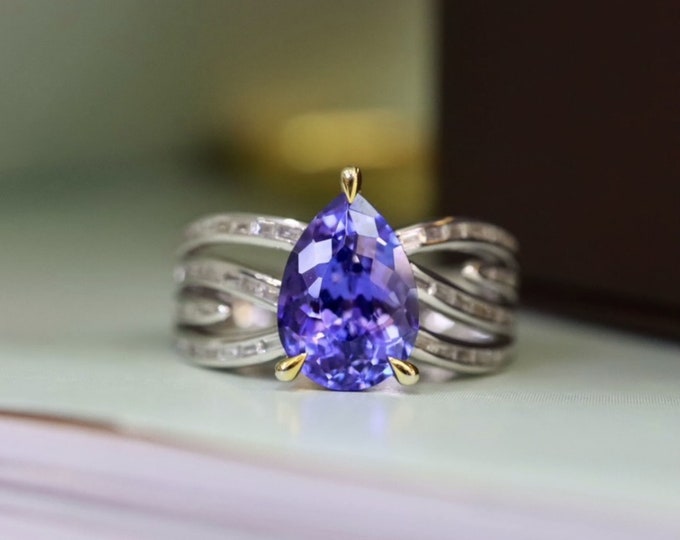Natural 5A Tanzanite ring in 18k white gold with diamond paved band/Unique handmade custom Tanzanite gift ring for her/Custom gift for mom