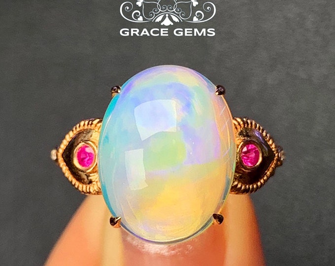 Huge Genuine Ethiopian Opal Ring in 18k/14k Gold with Rubies/Mexican Fire Opal/Wedding band/Ethiopian Dragon Breath Opal/Thanks giving gift