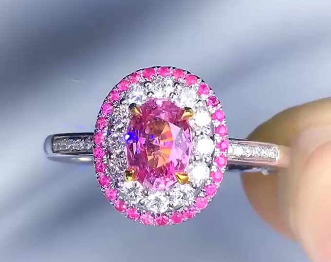 18k diamond halo pink sapphire ring/Padparadscha engagement wedding cluster ring/teal natural certified sapphire ring/multi color handmade